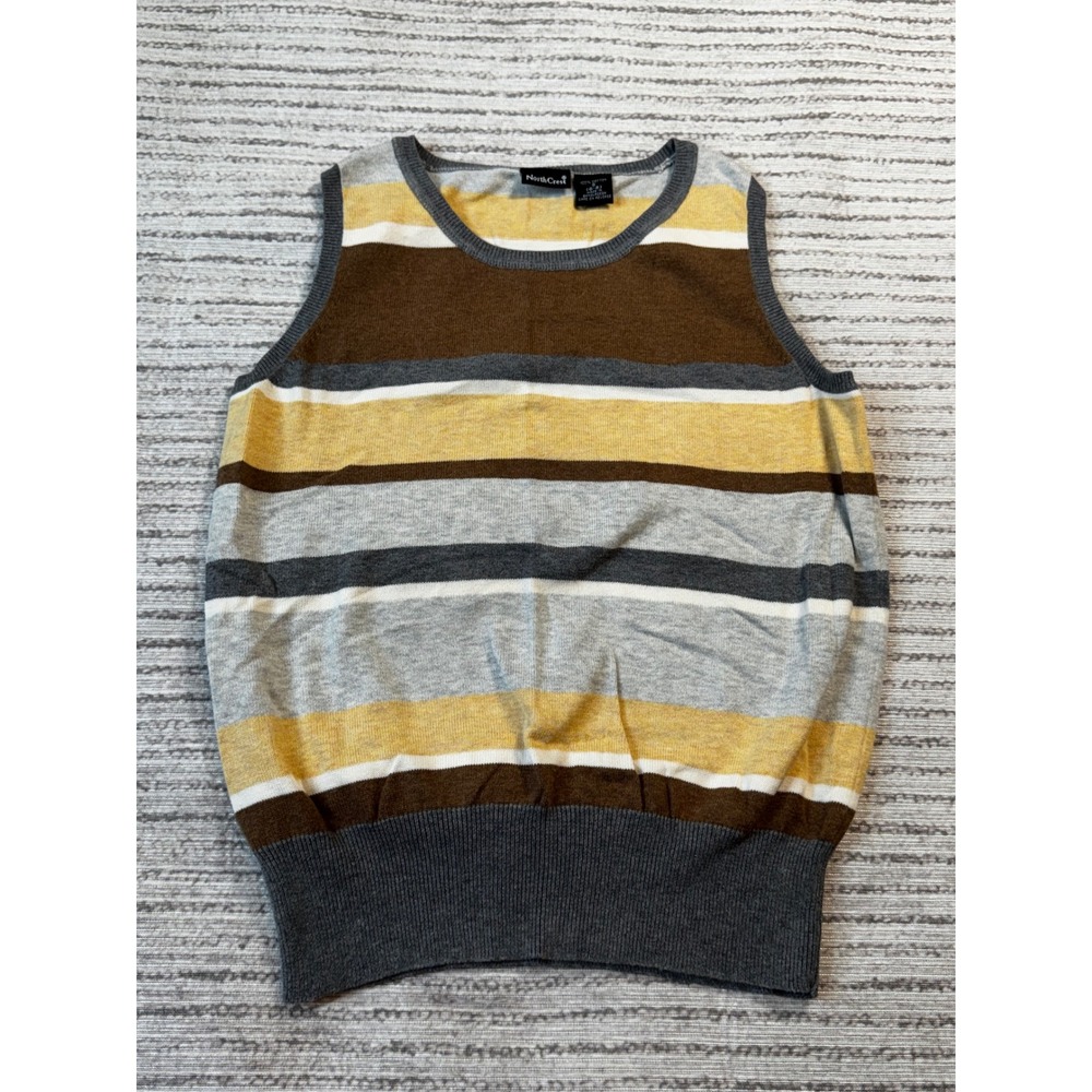 NorthCrest Womens Small Striped Cotton Sweater Vest Brown Yellow Grey Sleeveless